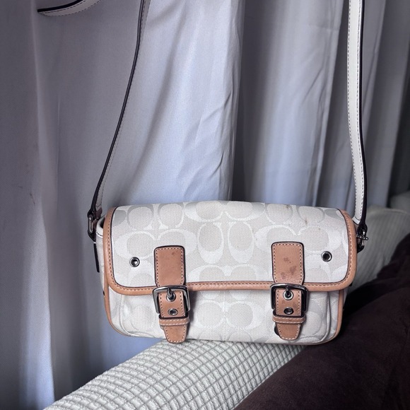vtg Coach Signature Monogram Canvas Leather Trim Shoulder Bag White Creme